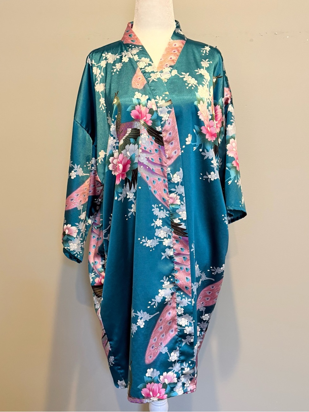 Vintage Peacock Cherry Blossom Kimono Robe S/M Teal Satin Floral Lounge Cover Up